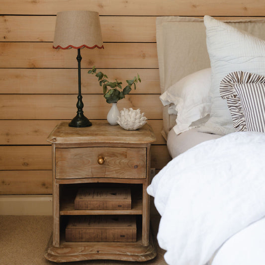 Slim Table Lamp with Red Scalloped Linen Shade