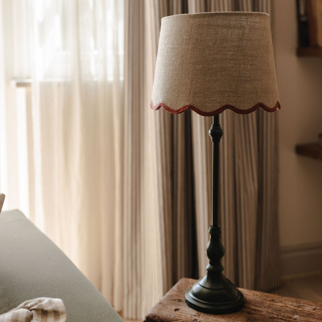 Slim Table Lamp with Red Scalloped Linen Shade