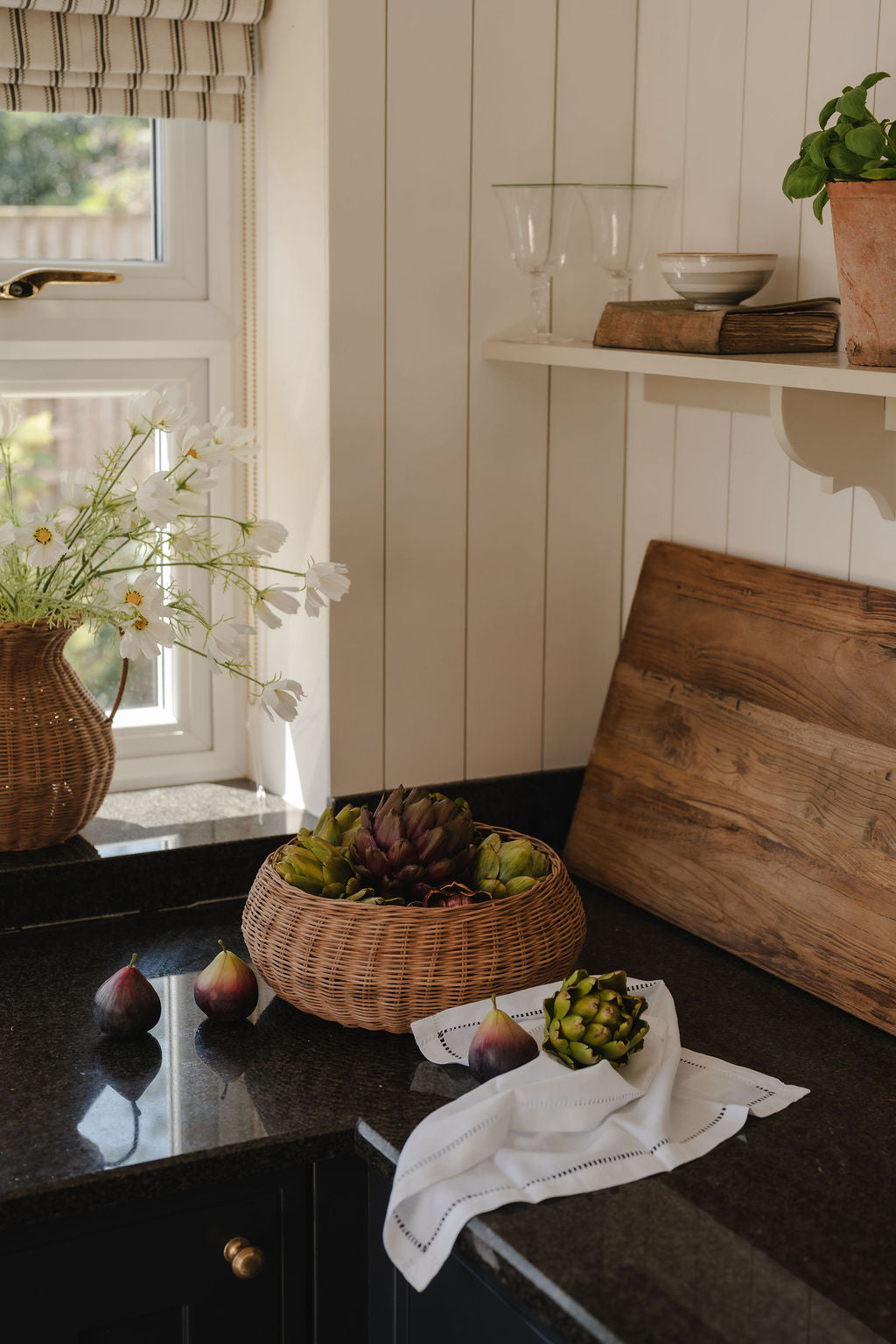 Woven Bowl with Faux Artichokes, Figs & Moss