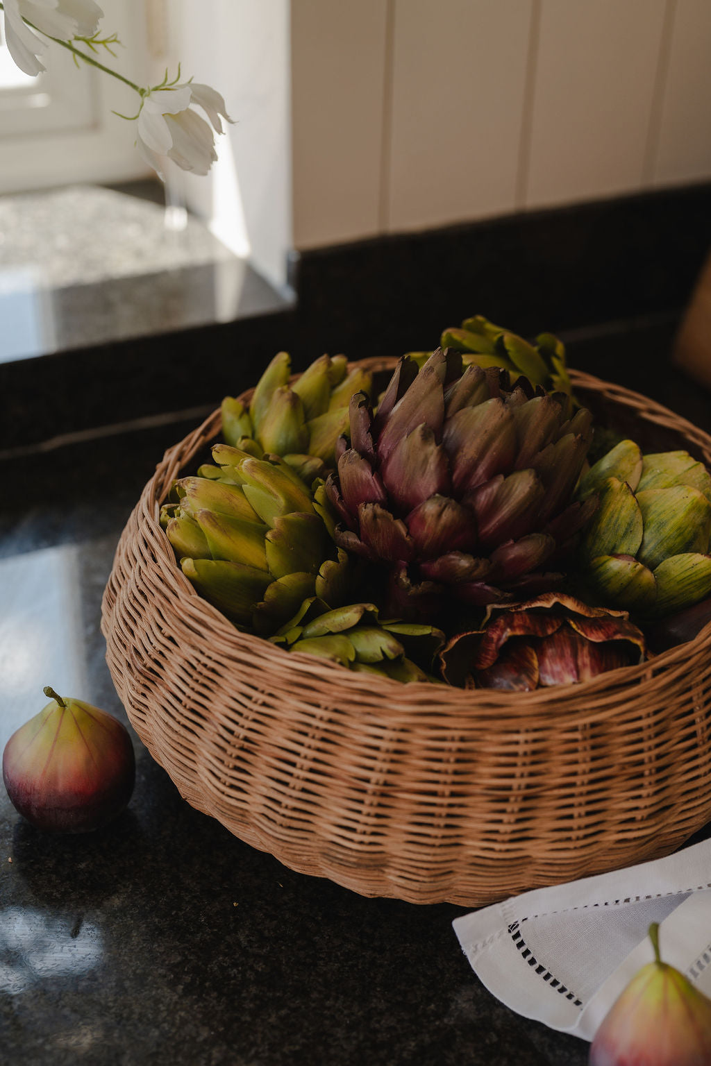 Woven Bowl with Faux Artichokes, Figs & Moss
