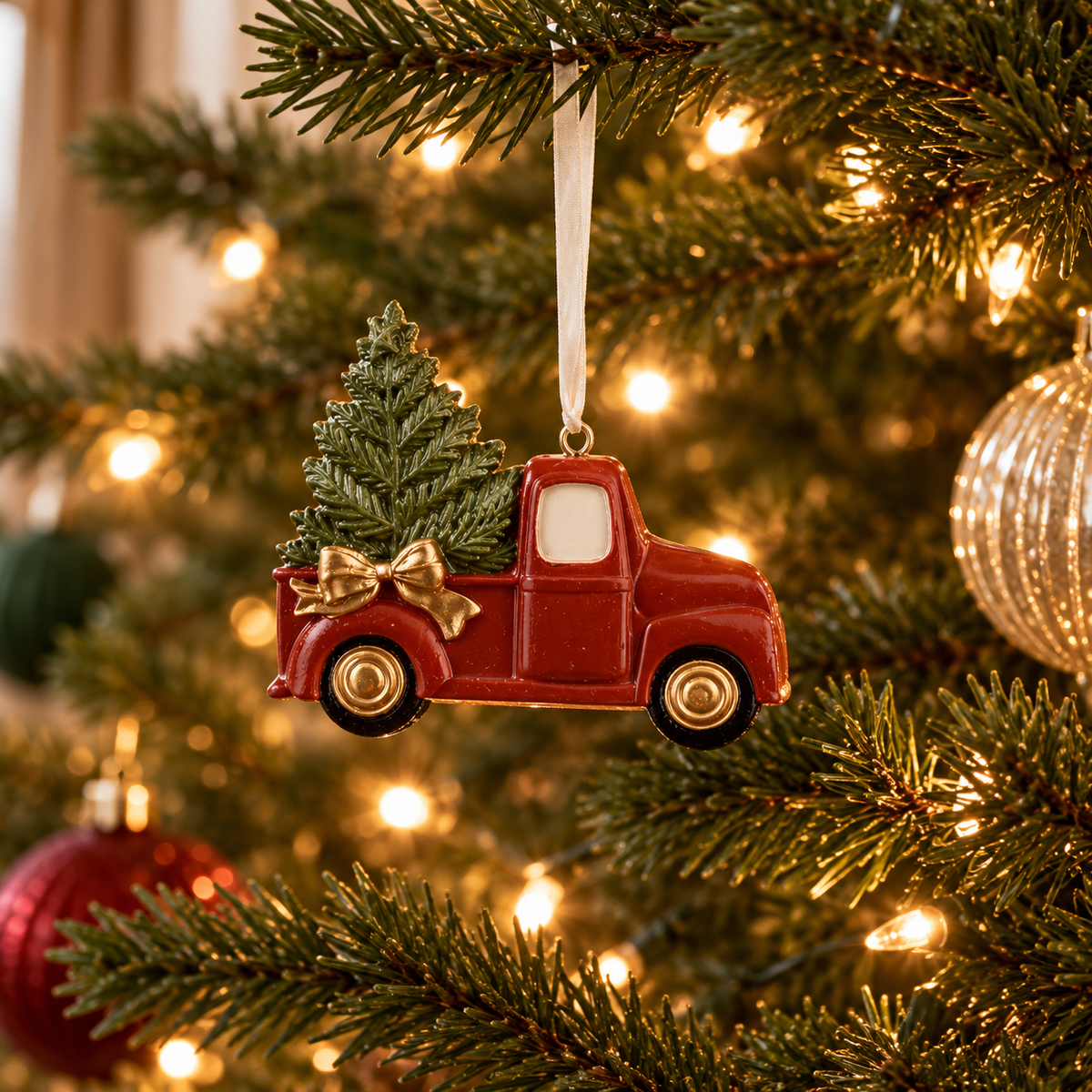 Christmas Truck with Tree Ornament | Green & Red Resin Decoration