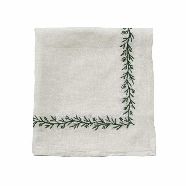 Fiola Embroidered Linen Napkin | White and Green Christmas Table Napkin