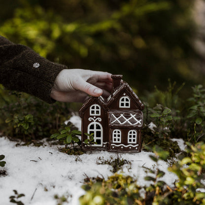 Hand holding a small decorative house in a snowy forest setting