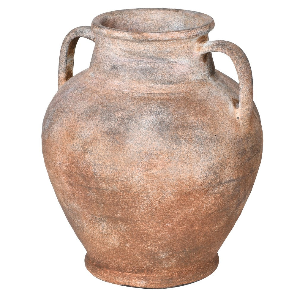 Terracotta vase with two handles on a white background