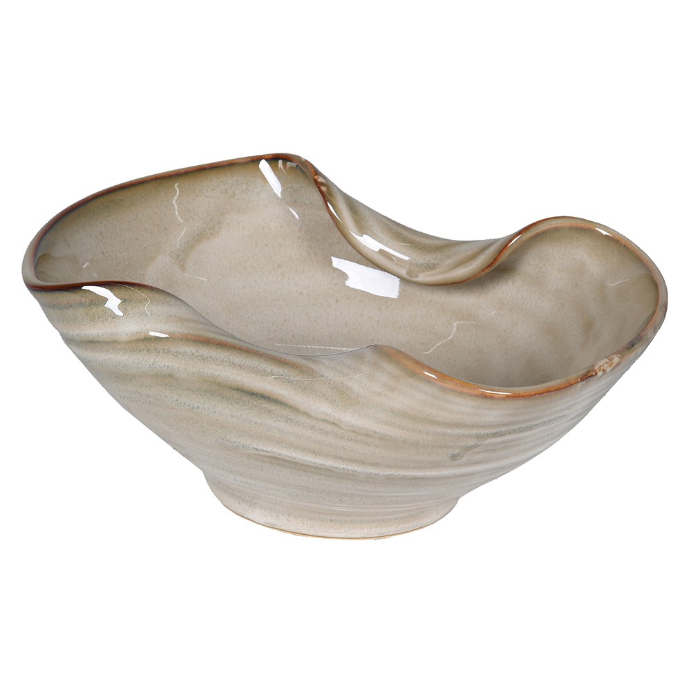 Beige ceramic melted effect decorative bowl with glossy finish