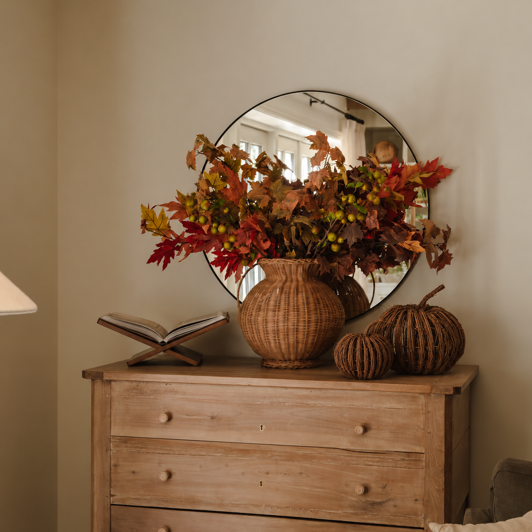 Rattan pumpkins styled on sideboard with autumn decor