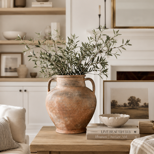 A rustic terracotta clay vase filled with green olive branches, styled on a wooden table in a cozy, neutral-toned living room setting.