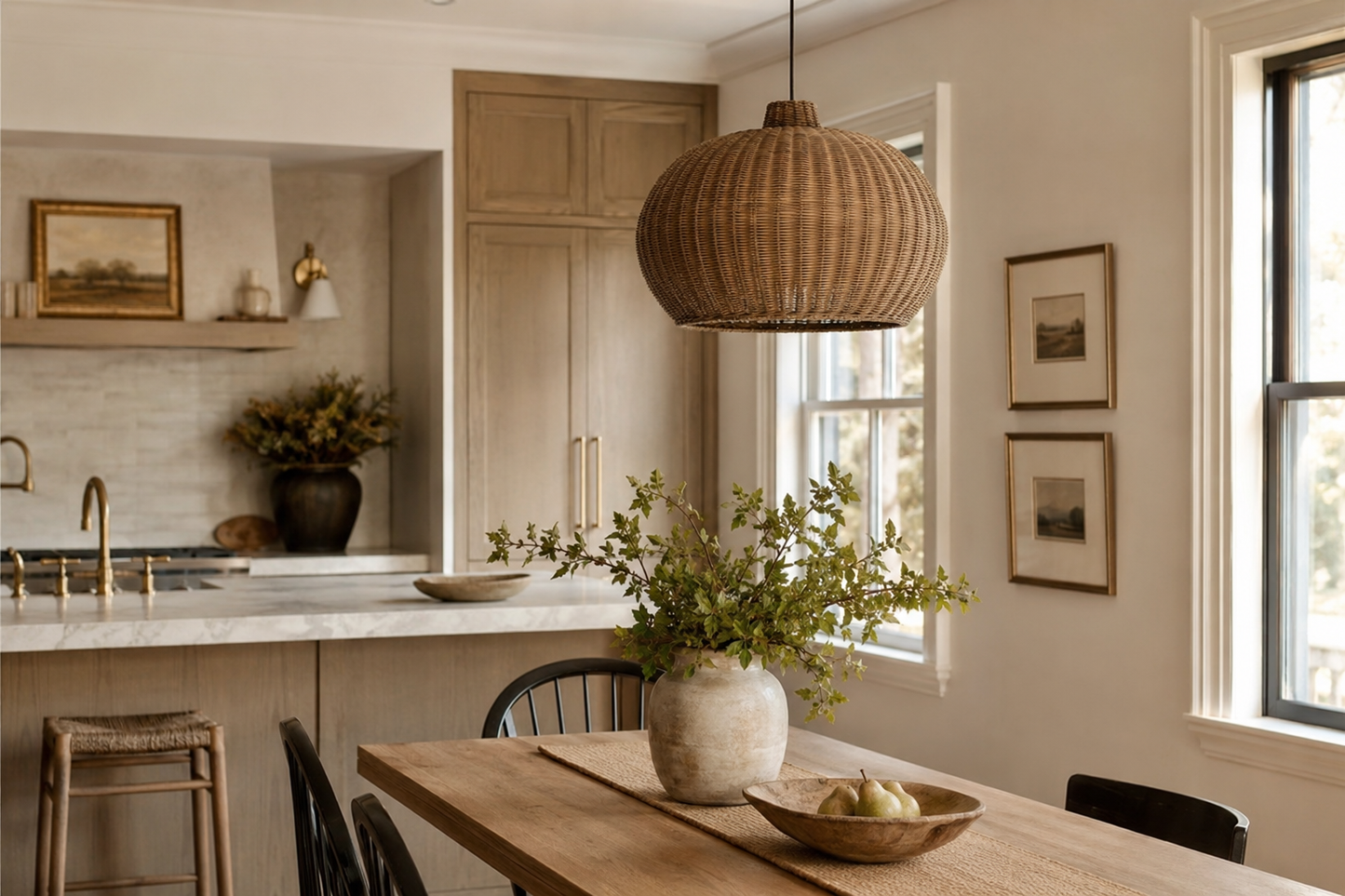 A rustic woven wicker pendant light hangs over a wooden dining table in a bright, modern kitchen with light wood cabinets, a marble countertop, and framed wall art.