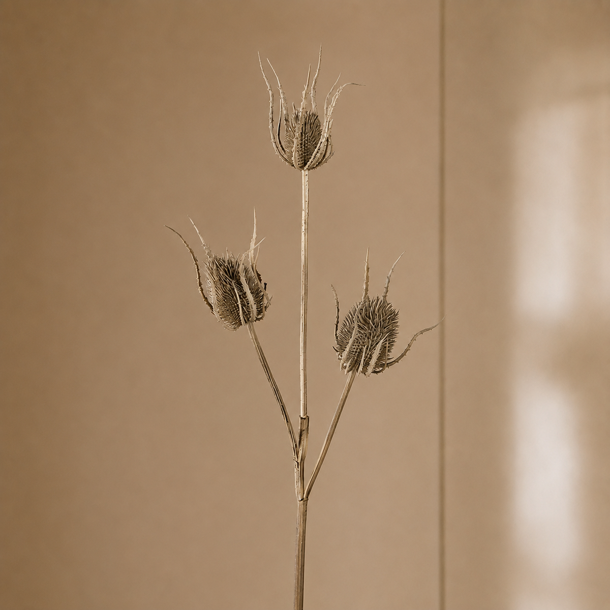 Three dried seed heads on a single stem, photographed against a warm beige background with soft light and shadow on the right.