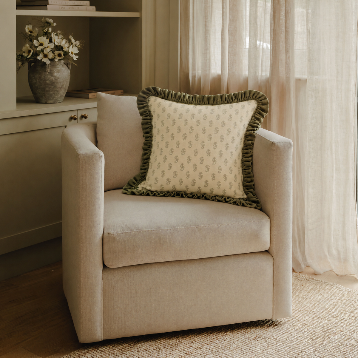 Matilda Velvet Ruffle Cushion - Olive