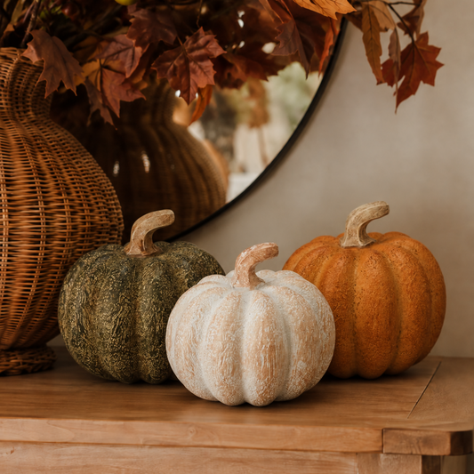 Set of 3 cast resin pumpkins in mixed colours