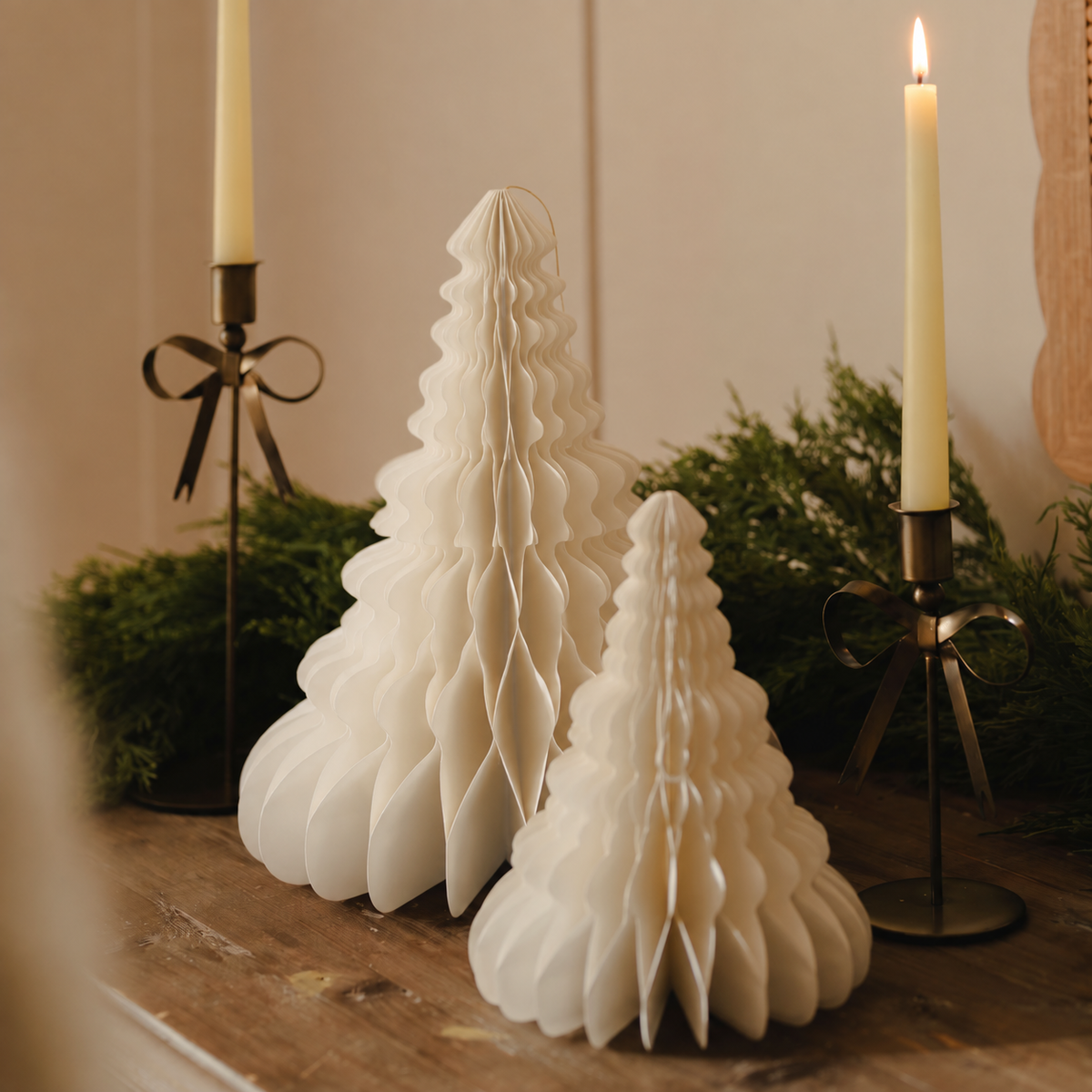 Set of Two White Paper Trees
White paper Christmas trees set of two
Decorative white paper trees for Christmas
Set of two tabletop Christmas trees
White Christmas tree decorations for mantelpiece
Decorative paper Christmas trees for festive styling
White paper trees for Christmas table display
Sculptural white Christmas tree decorations
White paper trees styled with festive greenery
Set of two white Christmas decorations