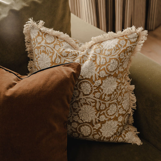Floral Vine Block Print Cushion – Natural