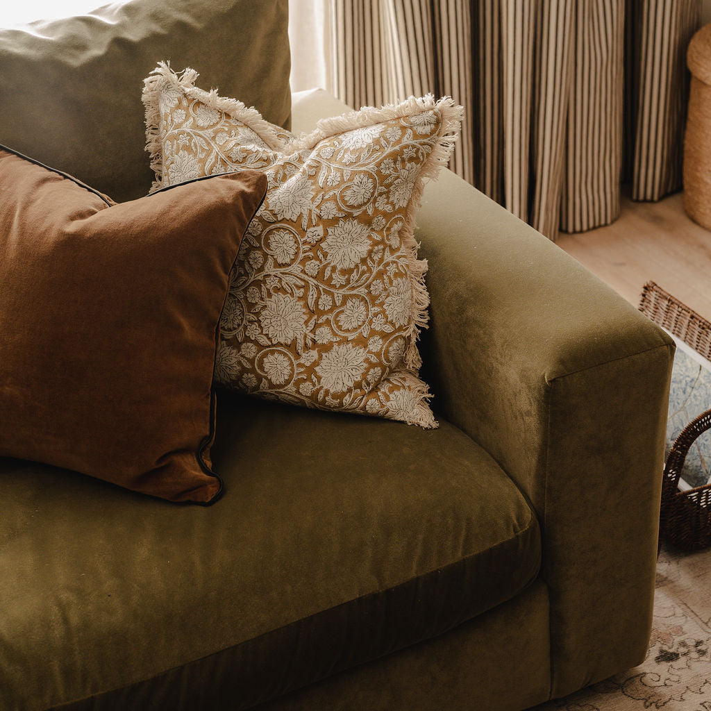 Floral Vine Block Print Cushion – Natural