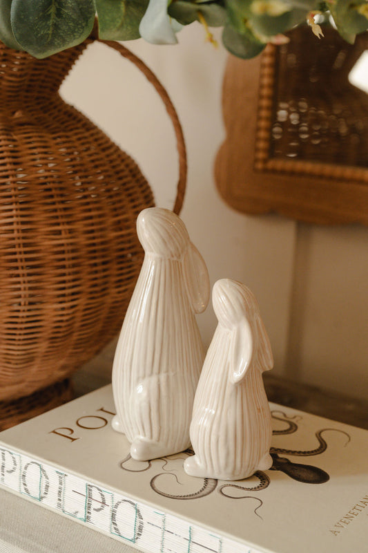 Pair of Off White Ribbed Ceramic Easter Bunnies