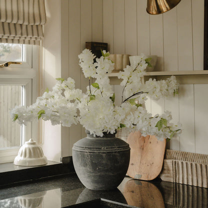 Large White Full Faux Cherry Blossom Stem