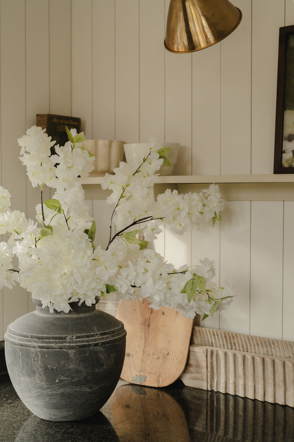 Large White Full Faux Cherry Blossom Stem