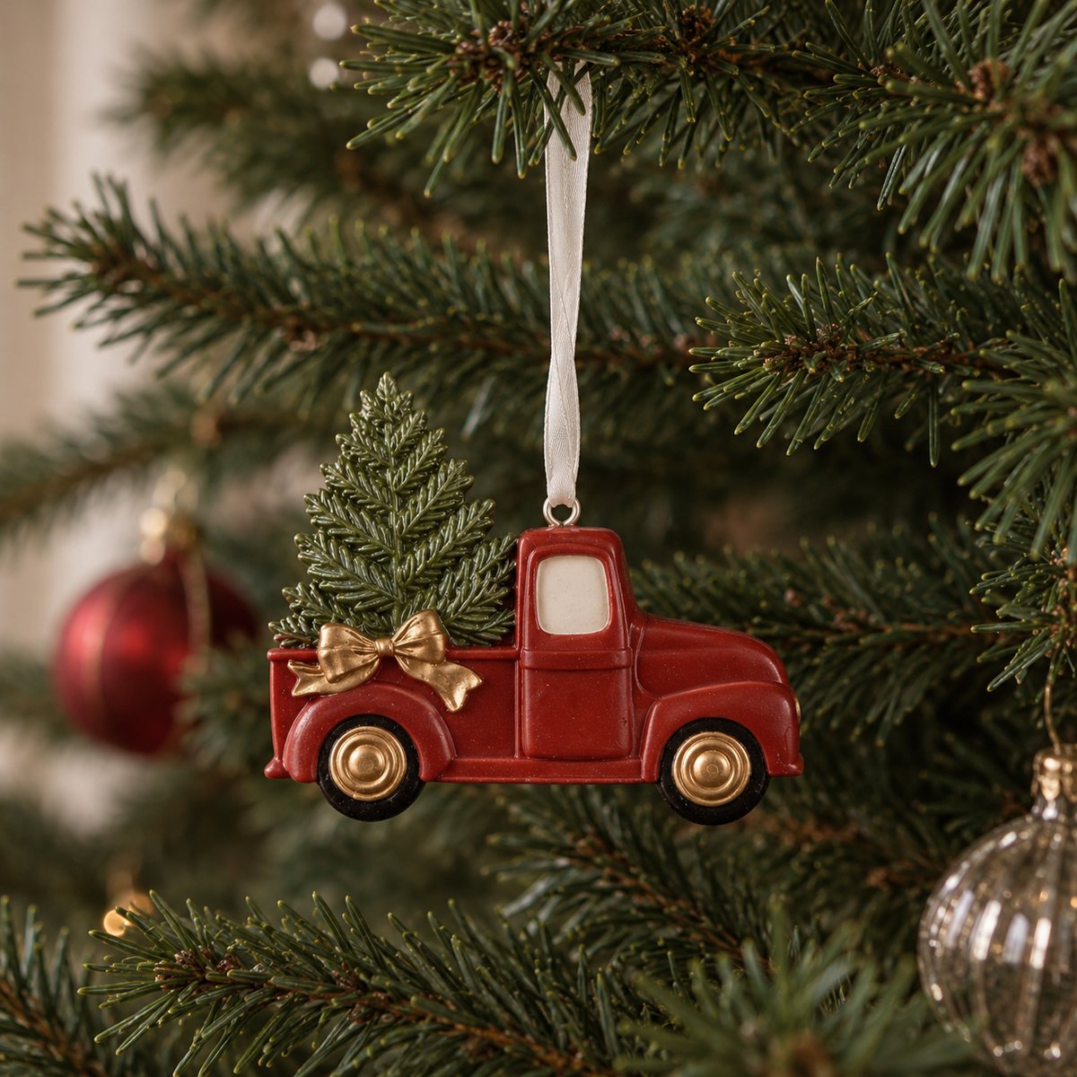 Christmas Truck with Tree Ornament | Green & Red Resin Decoration