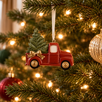 Christmas Truck with Tree Ornament | Green & Red Resin Decoration
