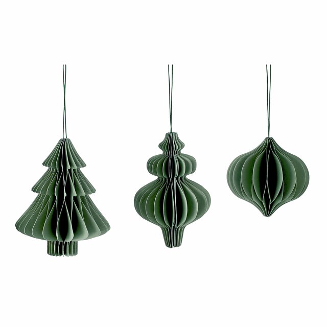 Set of 3 green paper Christmas ornaments in assorted designs