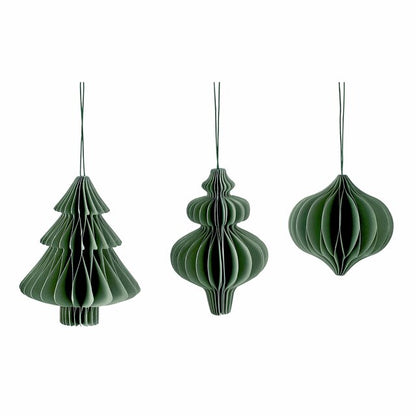 Set of 3 green paper Christmas ornaments in assorted designs