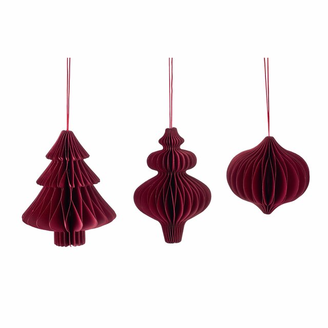 Set of 3 deep red paper Christmas ornaments in assorted designs